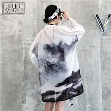 Японское традиционное кимоно кардиган Солнцезащитный Женский китайский Восточный тушью живопись тонкий длинный халат пальто Haori наряды