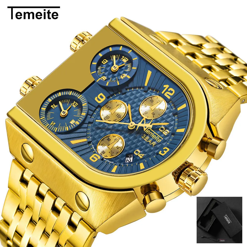 

luxury man wristwatches gold blue waterproof military Three time zone Multifunction creative stainless steel quartz Watches