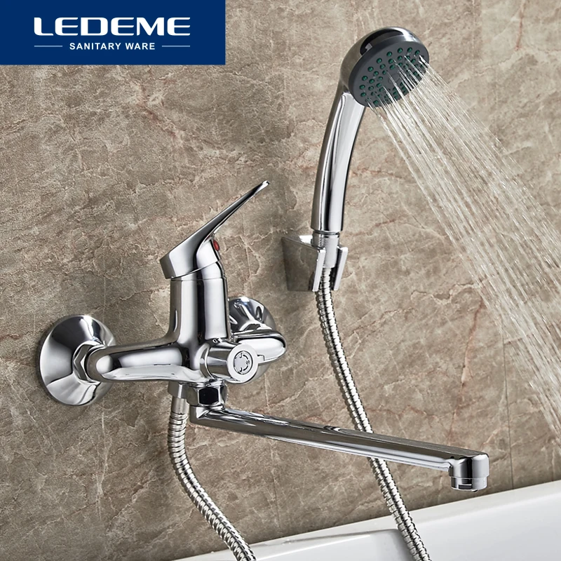 Günstige LEDEME Neue Badewanne Armaturen EIN Set 27cm Länge Outlet Gedreht Messing Körper Bad Dusche Wasserhahn Griff Optionen Badewanne Wasserhahn