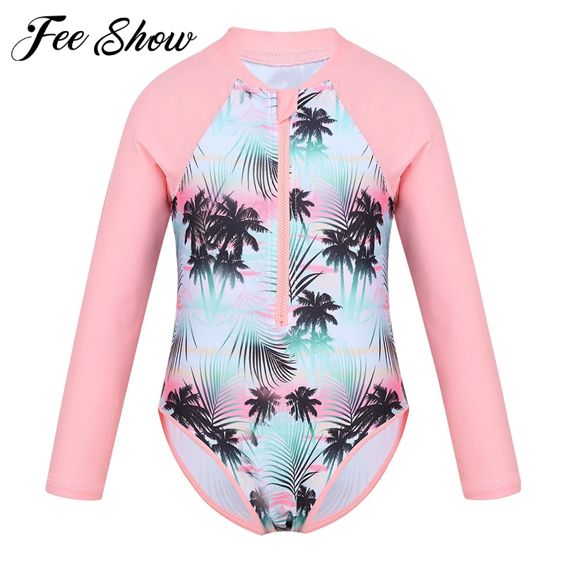 Billige Sommer Kinder Kinder Mädchen einteiliges Badeanzug Lange Ärmeln Palm Gedruckt Reißverschluss Bademode Badeanzug Rash Guard Strand Tragen