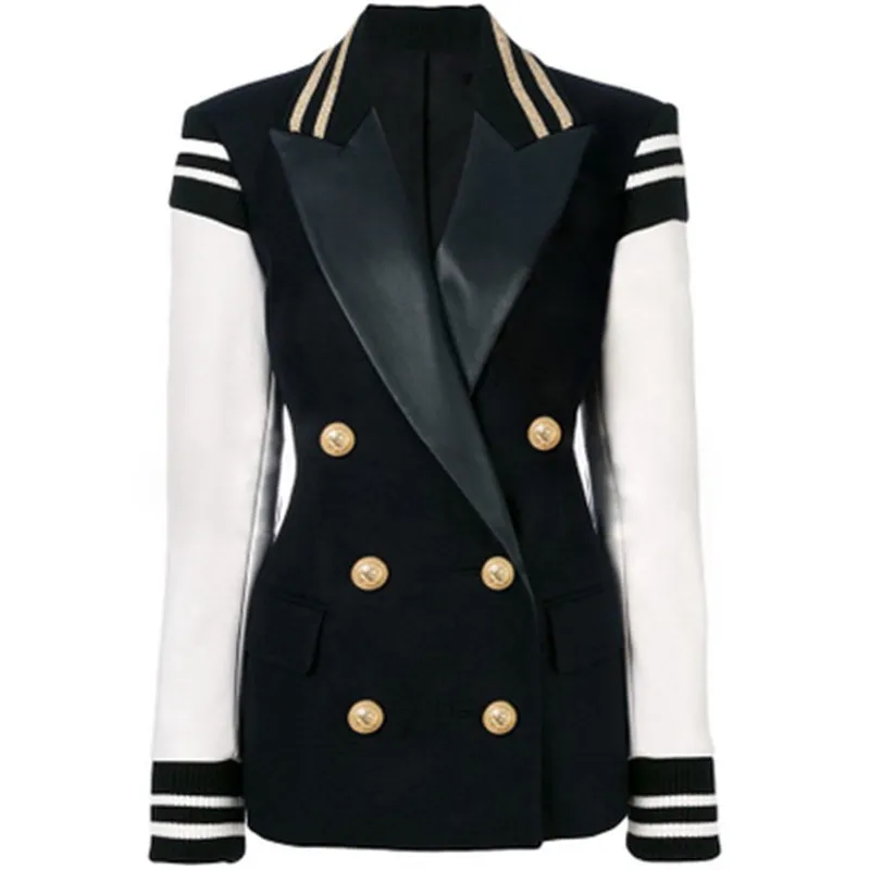 

HIGH STREET New Fashion 2019 Stylish Blazer Jacket Women's Leather Sleeve Patchwork Lion Buttons Blazer