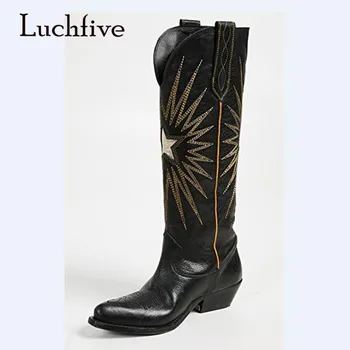 

2018 Retro Knee High Boots Woman Pointed Toe Embroider Med Heel Boots Women Fashion Long Boots Western Boots