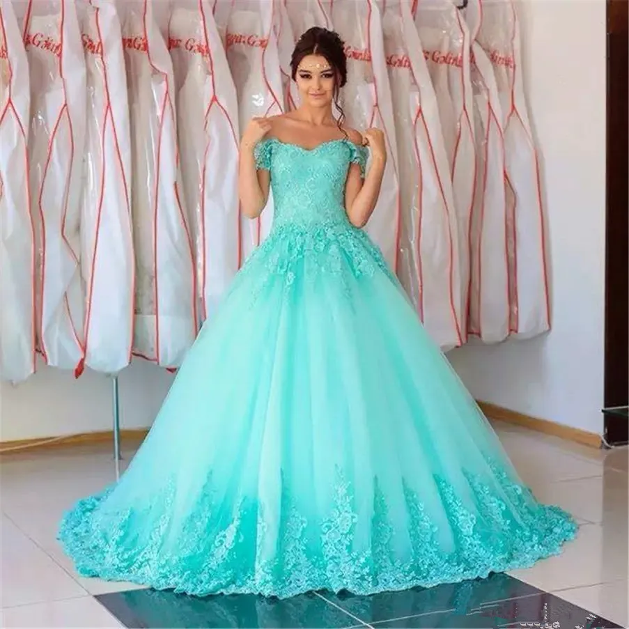

Formal Sweetheart Turquiose Off the Shoulder Long Quinceanera Dresses 2019 Ball Gown Floor-Length Vestidos De 15 Anos 16 Dresses