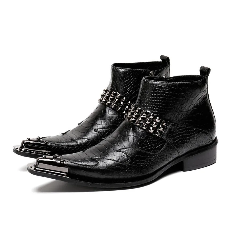 Mabaiwan/Черные Зимние ботильоны; мужские ковбойские сапоги в стиле милитари с заклепками; Мужская защитная обувь; модельные ботинки с острым носком на плоской резиновой подошве; обувь - Цвет: Черный