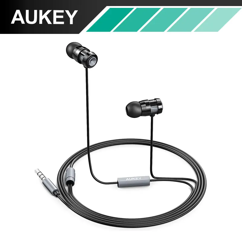 AUKEY 2016 In-ear Headphones Super Bass Stereo Earphone with Microphone Metal 3.5mm for iPhone /Samsung Mobile Phone Go pro MP3 