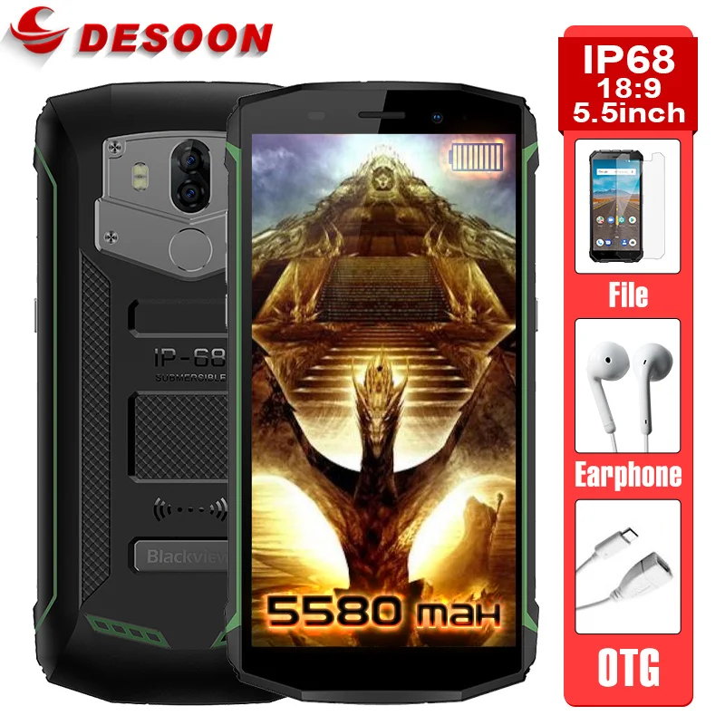 

Blackview Bv5800 New arrival IP68 5580mAh big battery 4G 18:9 Smartphone MT6739 2GB RAM 16GB ROM 13MP NFC Touch ID Mobile phone