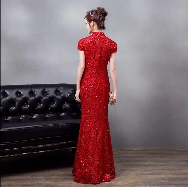 Красные Длинные свадебные платья Qipao с блестками и русалочкой Свадебный чонсам