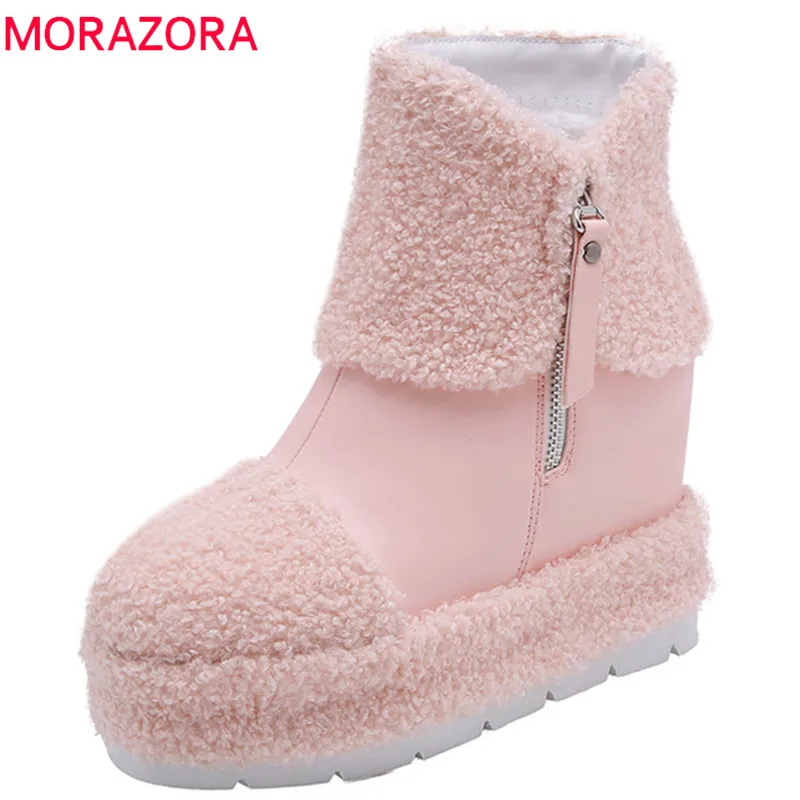 

MORAZORA 2018 fashion new style ankle boots for women round toe winter snow boots simple zipper comfortable platform shoes pink