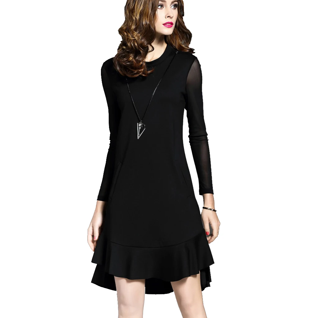 Spring style Plus size Long sleeve dress round neck flounce dress for Women