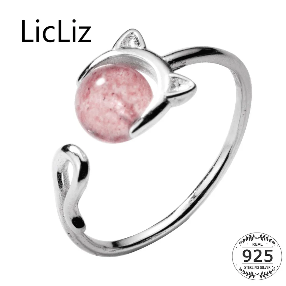 

LicLiz New 925 Sterling Silver Cat Ear Rings for Women Pink Strawberry Quartz Cute Animal White Gold Open Adjustable Ring LR0698