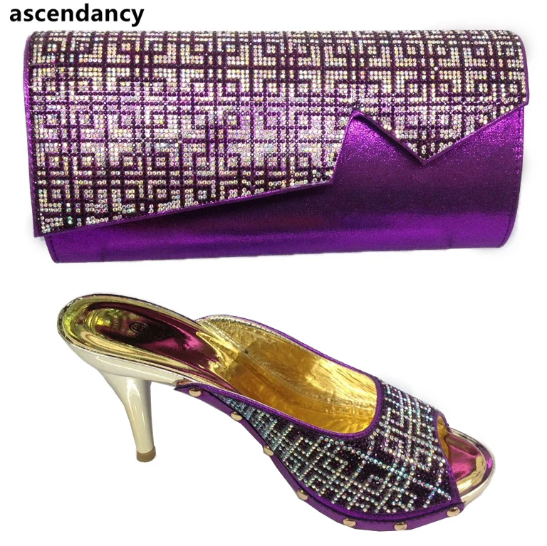 Итальянский комплект из туфель и сумочки винного цвета в нигерийском стиле; женская свадебная обувь и сумочка в комплекте; итальянский комплект из туфель и сумочки - Цвет: Фиолетовый