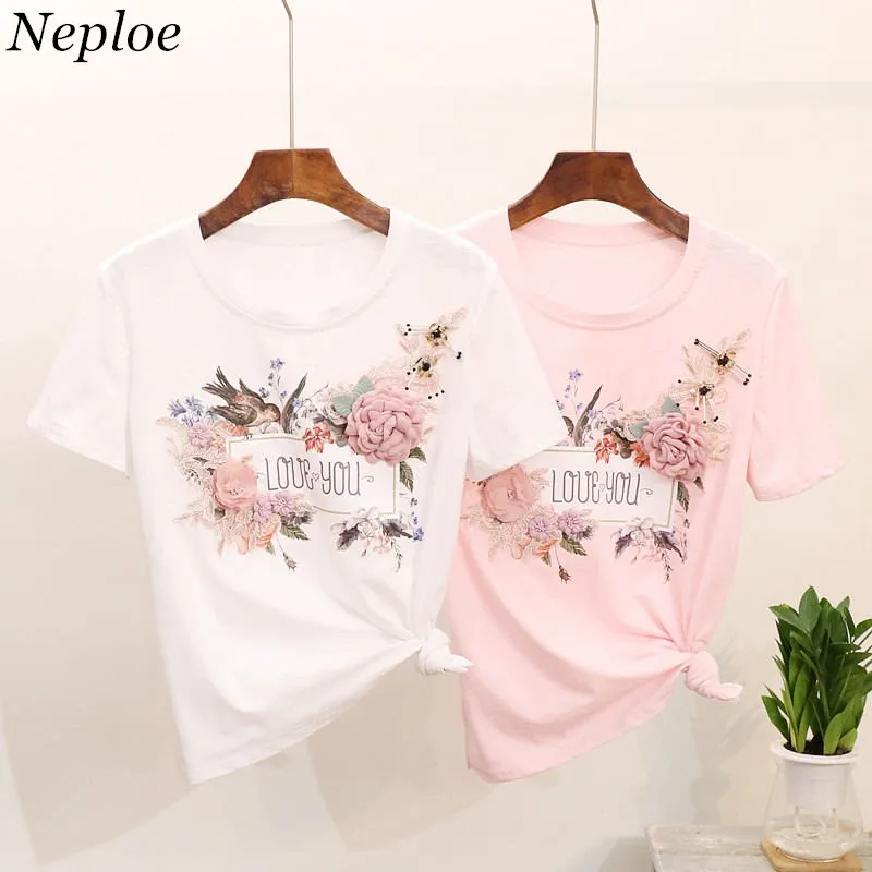 

Neploe New Beading Sequins T Shirt 3D Flower Short Sleeve O-Neck Tee Cartoon Bird Letter Printed Tops New Causal T-shirts 37937