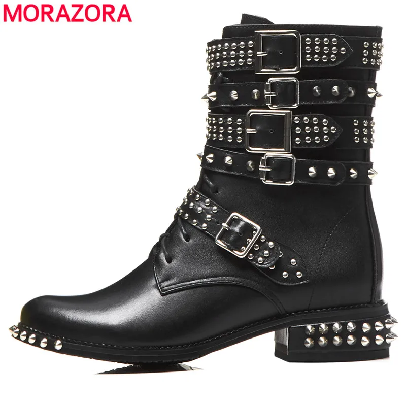 Beste MORAZORA 2018 plus size 33 43 vrouwen laarzen lederen ronde neus herfst winter motorlaarzen zwart klinknagel enkellaarsjes