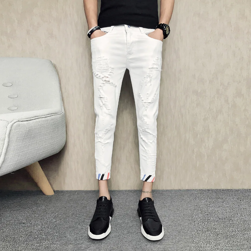 Одноцветное Для мужчин джинсы Фирменная Новинка Slim Fit Повседневное хип-хоп Рваные джинсы Для мужчин Лидер продаж Корейский простой уличная