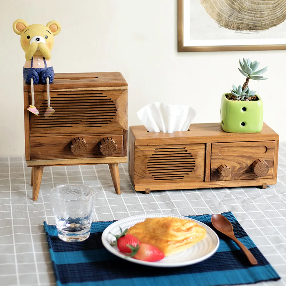 

Vintage solid wood radio tissue box wooden bar cafe napkins drawers desktop decorations LO922600