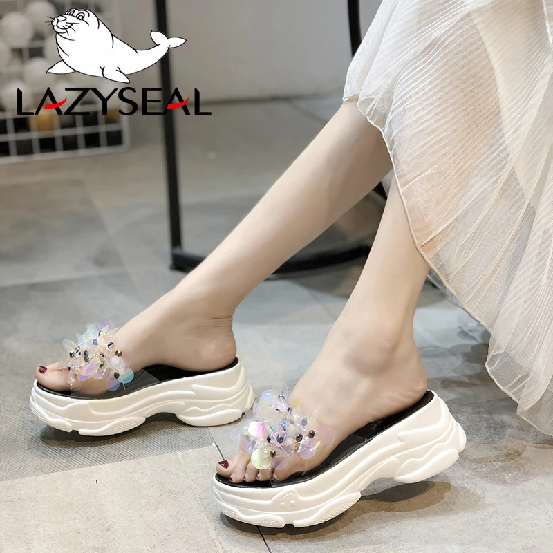 LazySeal Transparent Bling Platform Slippers Women New Summer Shoes With Crystal Diamonds Wedge Ladies Flip Flops Woman Slides