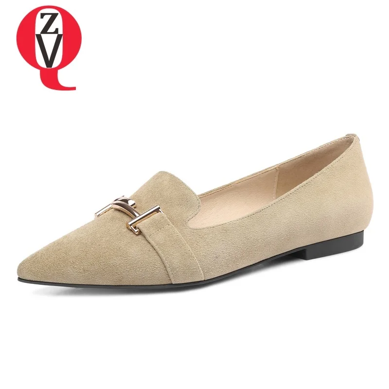 

ZVQ size 33-40 spring new casual shoes women handmade kid suede pointed toe shallow women flats outside metal decoration shoes