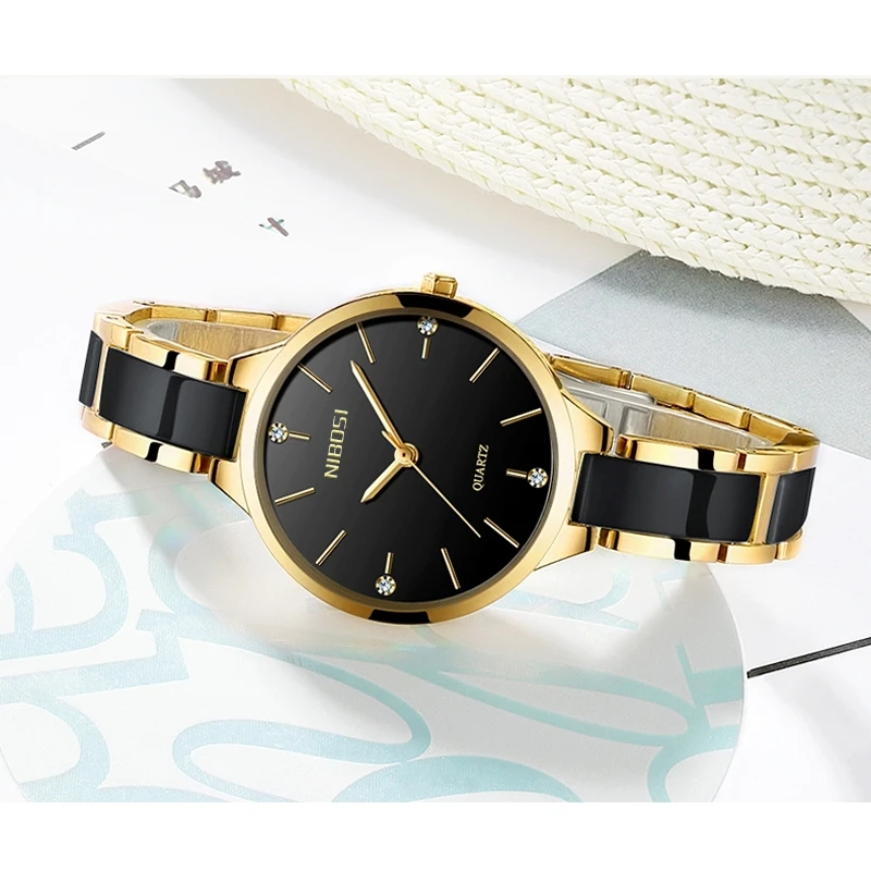 Nibosi Brand Ceramic Watch Women Luxury Classic Wrist Watch Simple Diamond Quartz Wristwatch Clock Women Watches Montre Femme