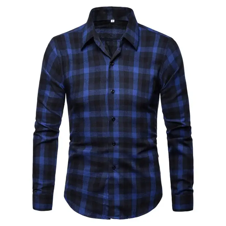 

Hawaiian Shirt Men Blouse Men Casual Plaid Long Shirt Male Fashion Navy Black 2019 New Arrival
