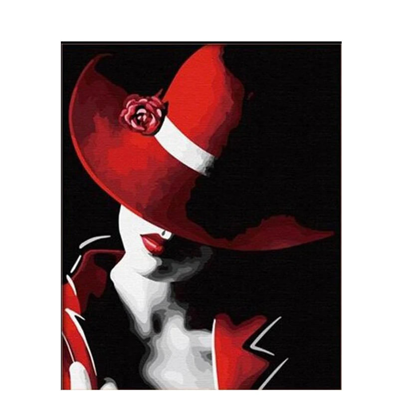 Красная шляпа женщина ручной работы краски высокое качество холст Красивая краска ing по номерам Сюрприз подарок большое свершение