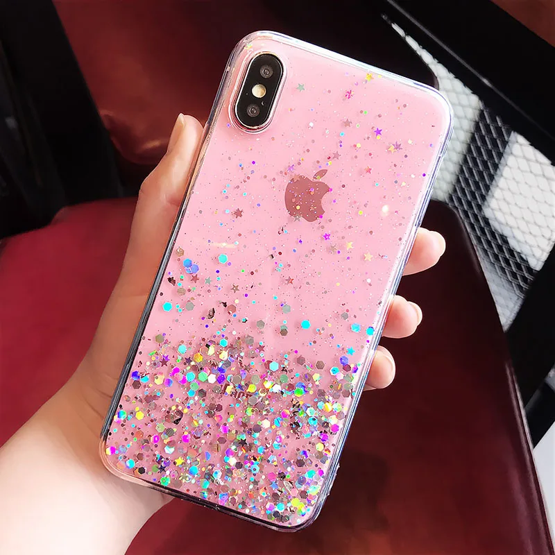 pink Сияющий Золотой фольга Прозрачный чехол для iPhone X XS XR XS Max 6 S 7 8 плюс Роскошный блеск блесток Мягкий ТПУ задняя крышка Coque - Цвет: pink