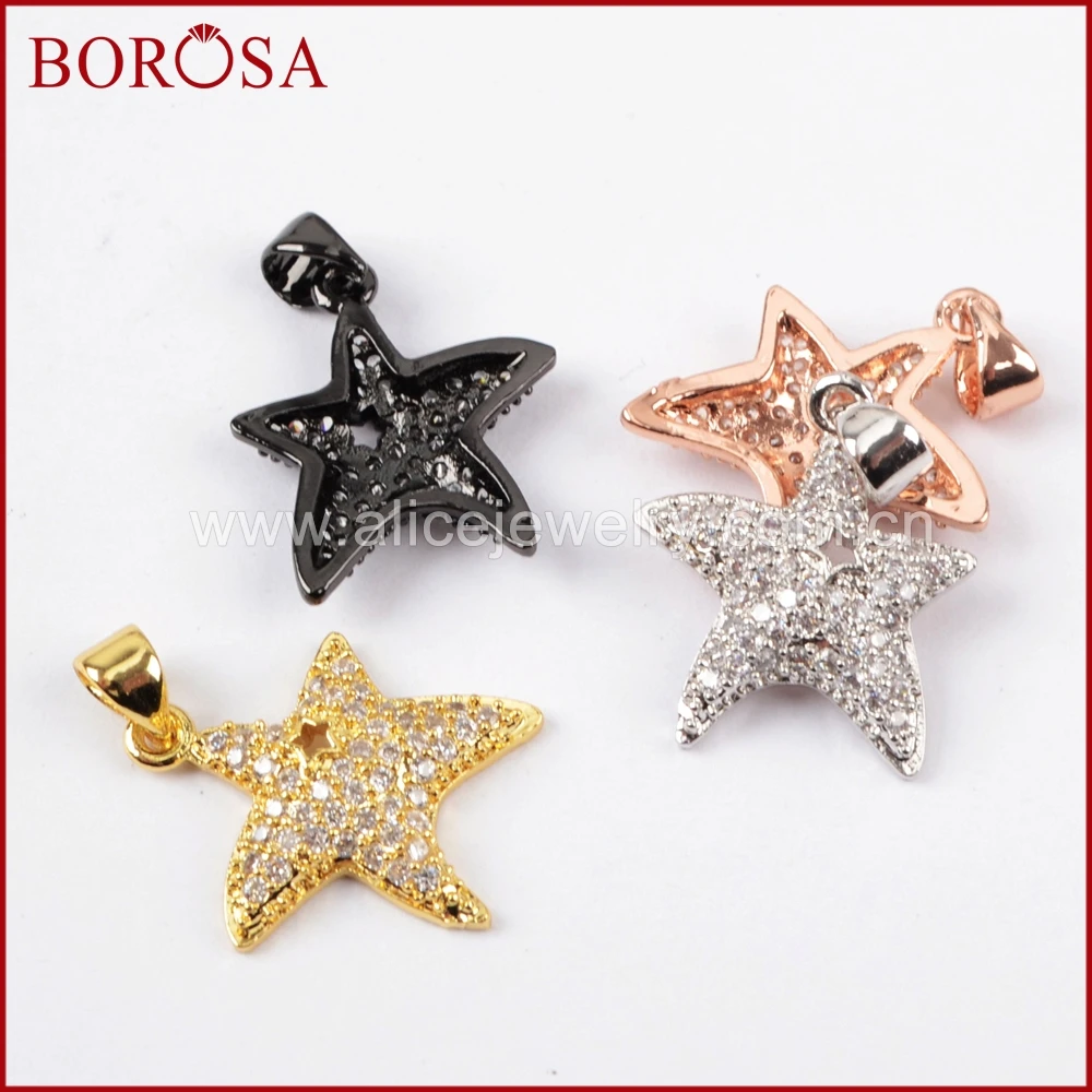 

BOROSA Sparkling CZ Micro Pave White Zircon Starfish Fashion Pendant Beads, Rainbow Drusy CZ Pendant for Women Necklace WX771