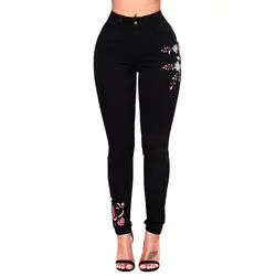 Новые стрейч вышитые джинсы брюки для женщин Винтаж эластичный цветок джинсы женские узкие джинсовые брюки высокая талия плюс размер 3XL