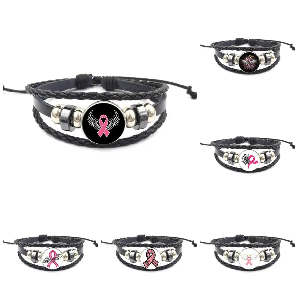

Angel Pink Breast Cancer Awareness Ribbon Swirl Jewelry With Plated Glass Cabochon Black Leather Bracelet Bangle For Women Girls