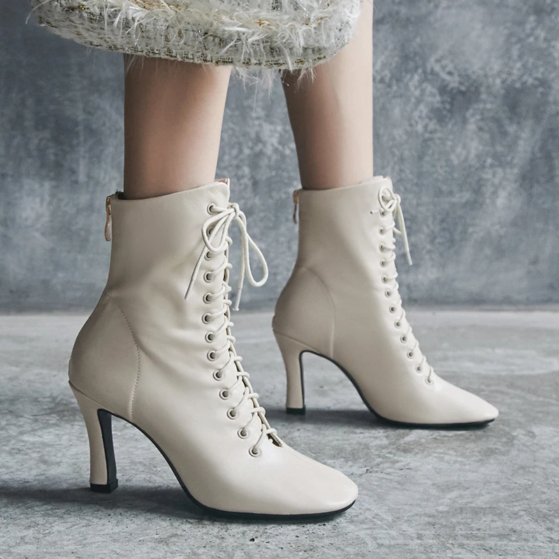 Prova Perfetto ботильоны для женщин; зимняя обувь; ботинки на высоком каблуке; ботинки из натуральной кожи с перекрестной шнуровкой и квадратным носком; женская обувь