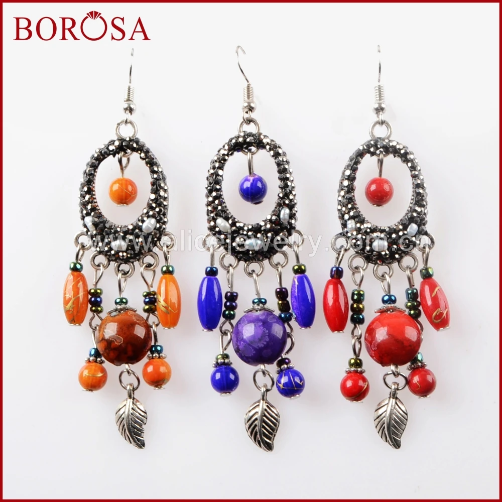 BOROSA 5Pairs Rhinestone Pave Crystal Boho Drop Earrings Vintage Retro Bohemian Dangle Earrings