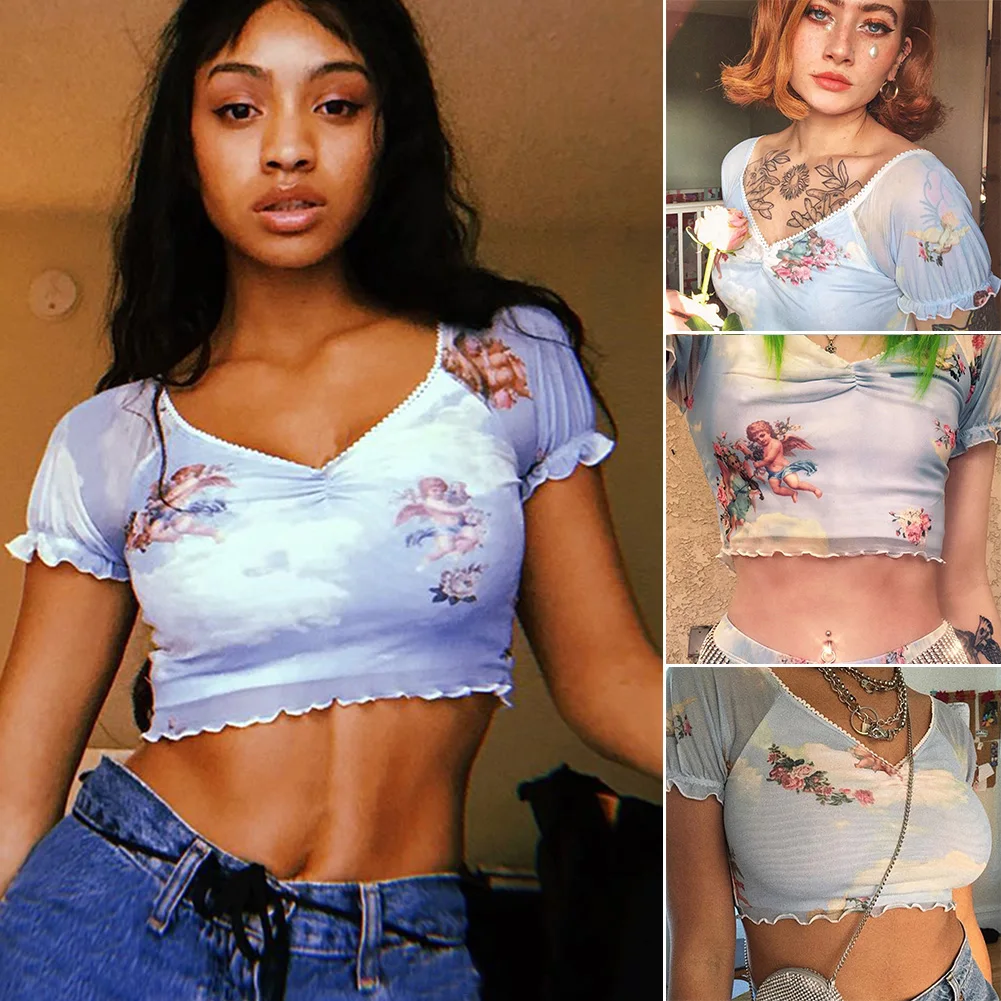 

Women T-shirt Fashion Beach V Neck Crop Top Slim Pleated Casual Short Sleeve Mesh Elastic Sexy Summer Angel Print