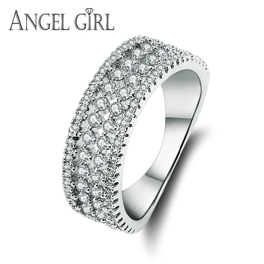 Angel Girl Zircon Rings Clear CZ Micro Pave on White Gold Color Rings