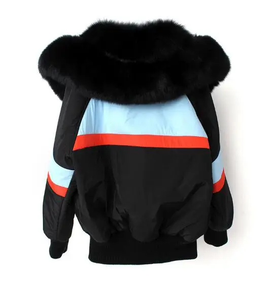 new fashion women real natural fur coat loose fox fur collar black short parka outwear high quality clothing winter jacket