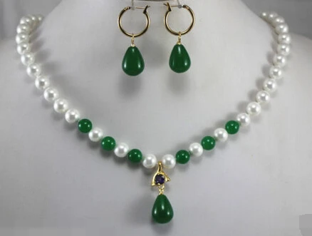 

Fast shipping + 07862 White/Green Pearl/Jade Necklace Hook Earring Pendant set (A0516) -Bride jewelry free shipping