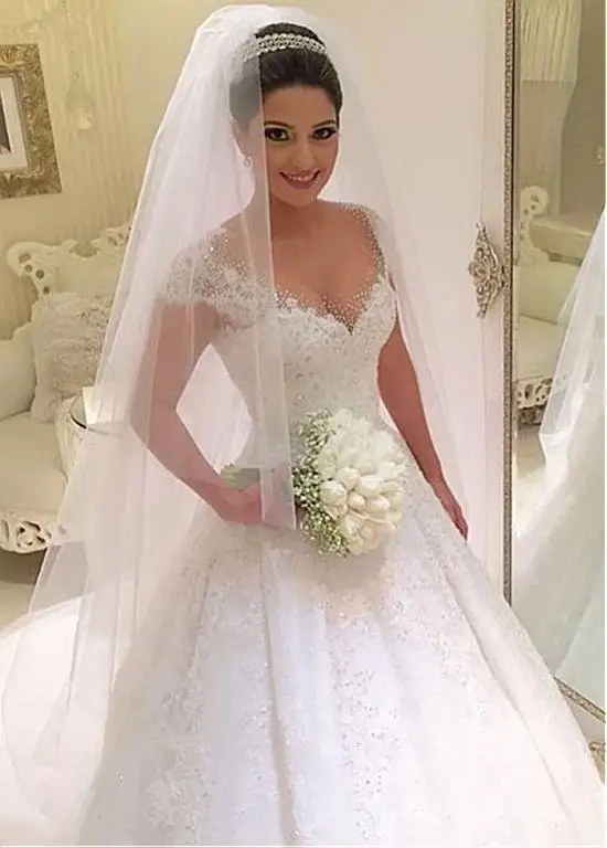 

Boho Vestido De Noiva Beach Wedding Dresses Ball Gown Cap Sleeves Tulle Beaded Lace Dubai Arabic Wedding Gown Bridal