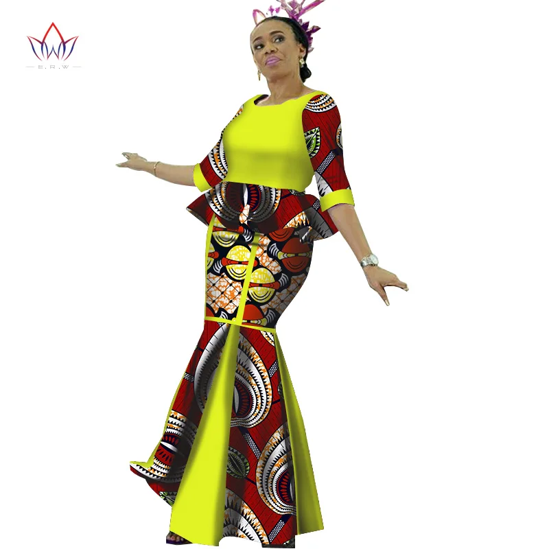 Африканский стиль Базен Riche платья для женщин комплект из двух предметов Женские топы с длинными рукавами и длинная африканская юбка с принтом размера плюс WY2704