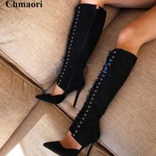 Женские модные дизайнерские черные замшевые сапоги-гладиаторы на шнуровке с острым носком ботинки с вырезами на высоком каблуке модельные туфли