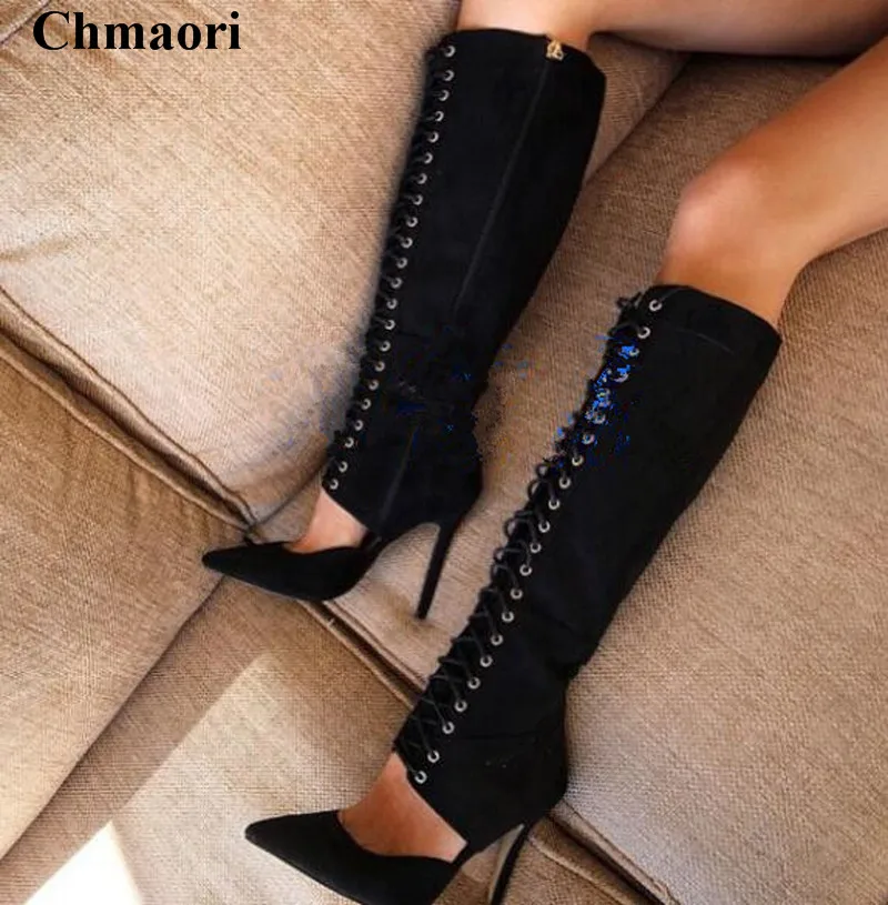 

Women Fashion Design Pointed Toe Black Suede Leather Lace-up Gladiator Boots Cut-out High Heel Boots Dress Shoes
