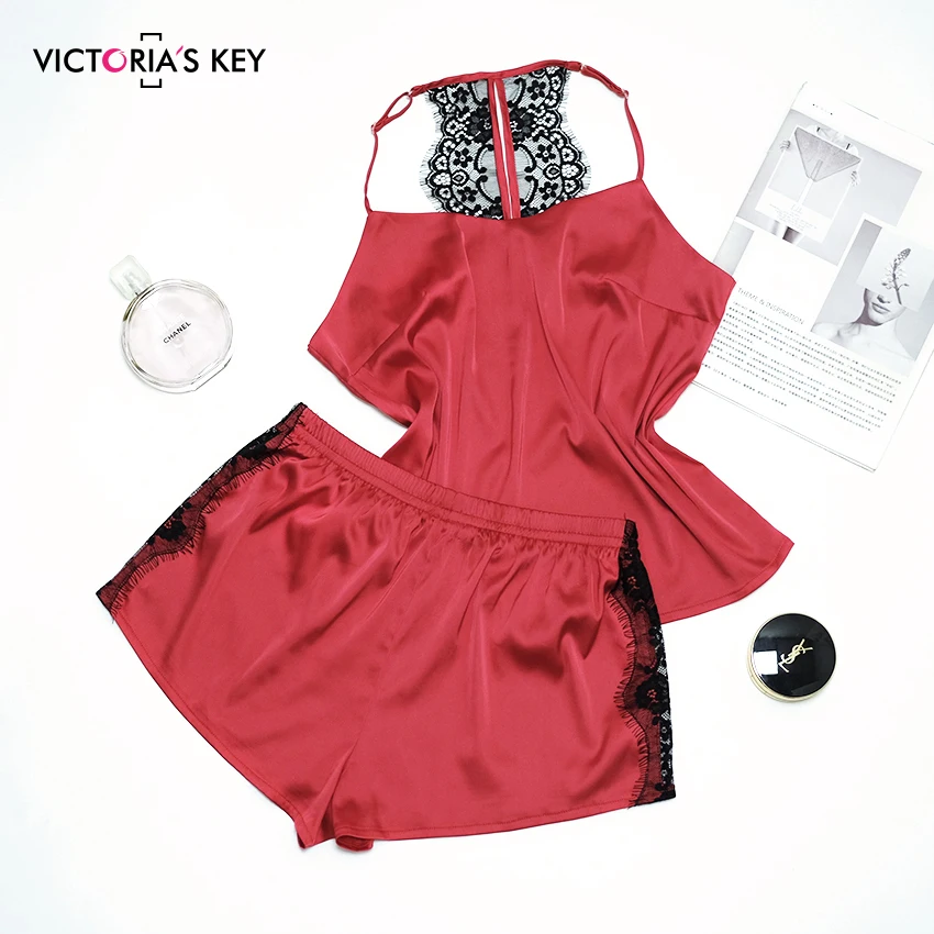 VICTORIA'S KEY атласные пижамы для женщин красные пикантные кружево Топ топики женские и шорты для Летняя мужская пижама комплект спинки