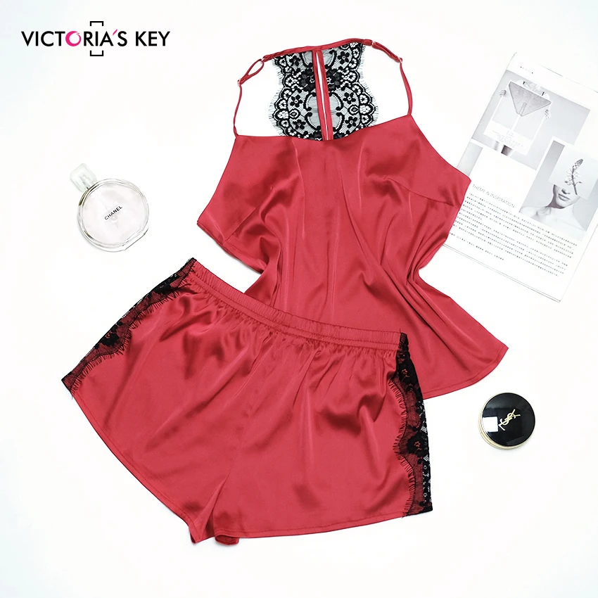 

VICTORIA'S KEY Satin Pajamas Women Red Sleepwear Sexy Lace Top Camis And Shorts Summer Pajama Set Backless Silk Nightgown Femme