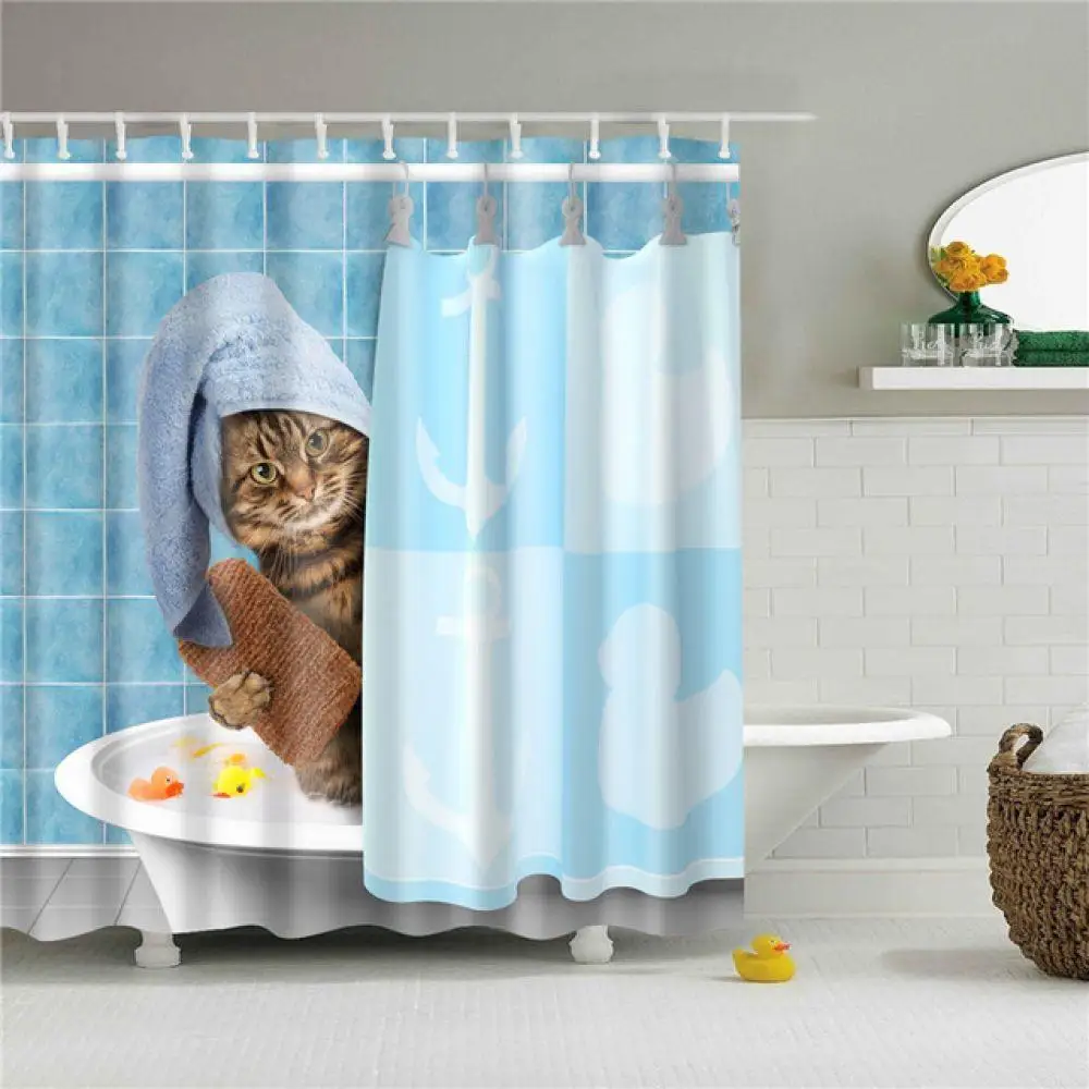 Christmas Cartoon Cat Print Shower Curtains for Bathroom Shower Curtain Washable Bath Decor Polyester Fabric Bathroom Curtain - Цвет: tz170927