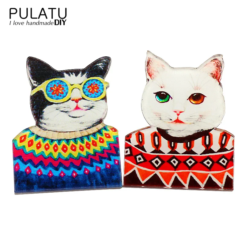 

PULATU Handsome Cat Brooches Acrylic Materials Cartoon Animal Pins Brooch Girls and Boys Clothing Bag Trendy Jewelry Accessories