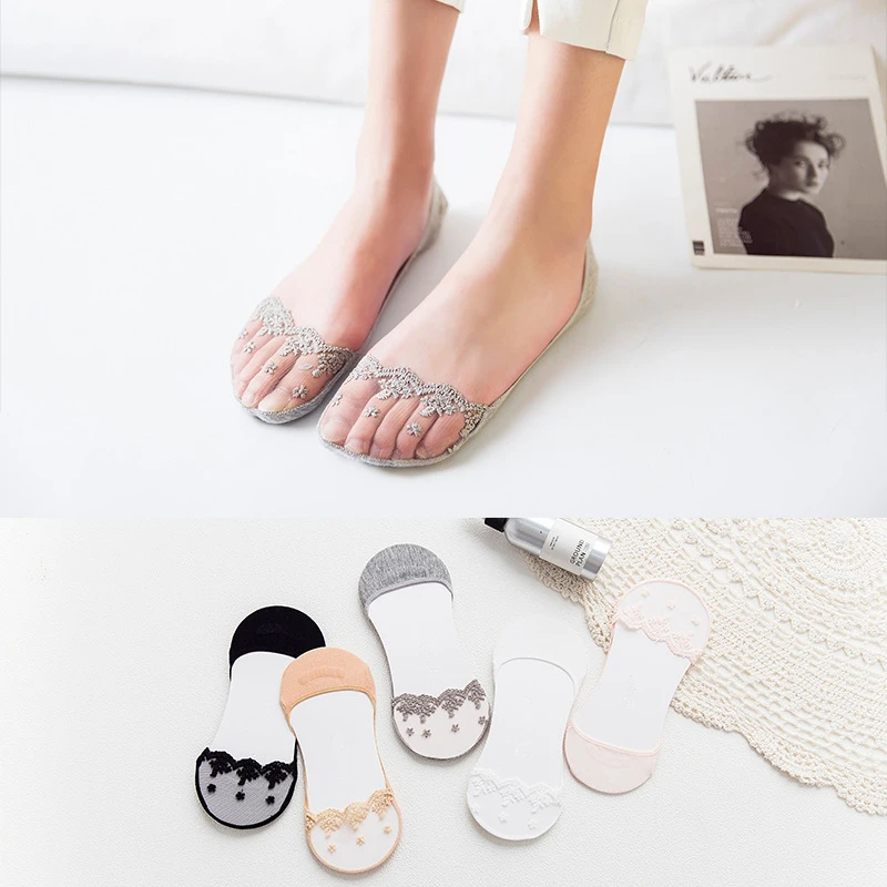 

2019 New Fashion Ladies No-show Lace Cotton Socks Elegant Sweet Girls Happy Summer Short Sox Invisible No-slip Socks Dropship