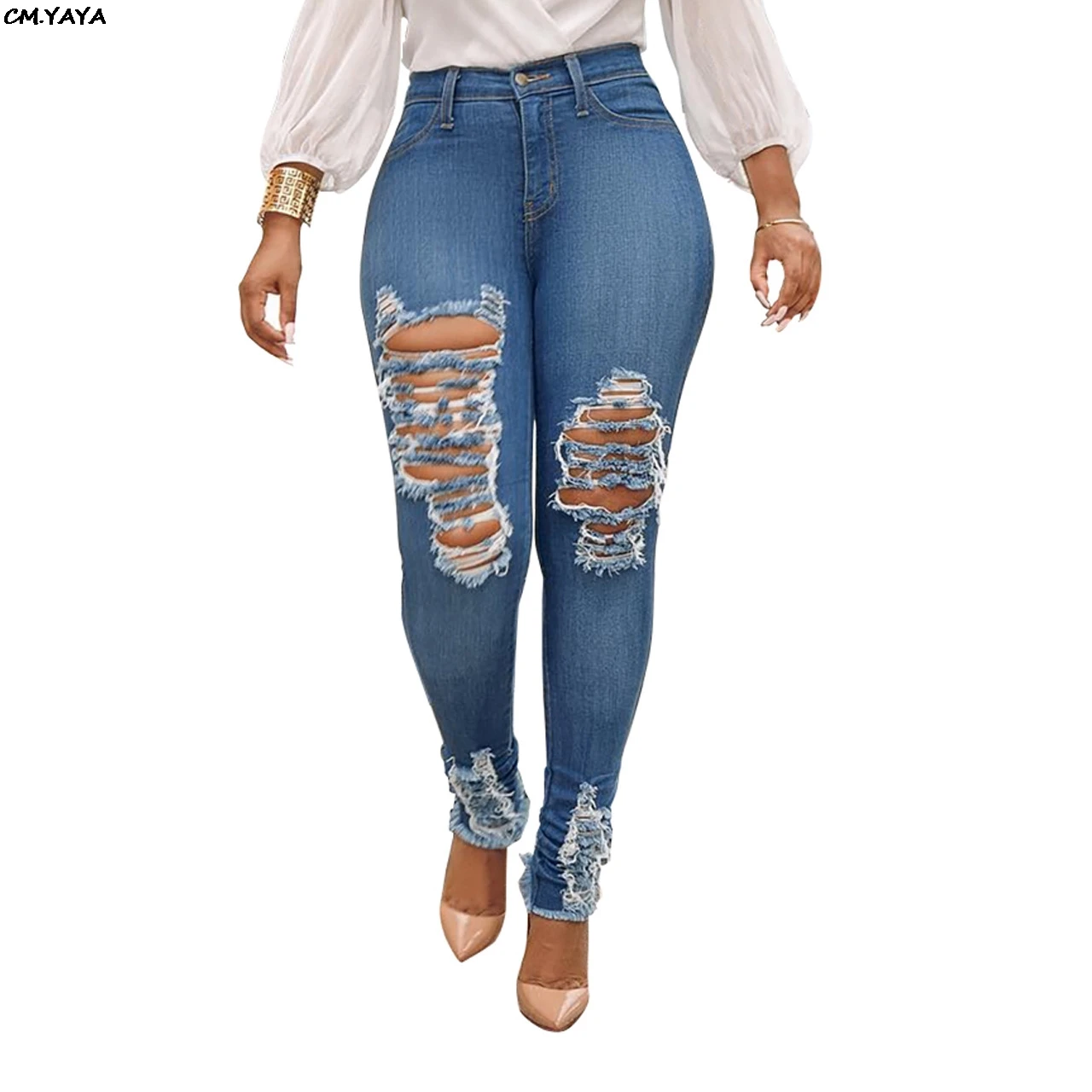 

2019 women new summer hole skinny pencil classic jeans fashion vintage bodycon denim long pants 2 color trousers GLQ281