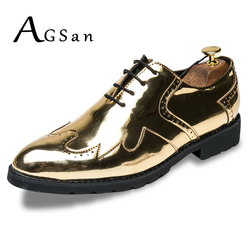AGSan Gold Shiny Leather Dress Shoes Pointed Toe Oxfords for Pary