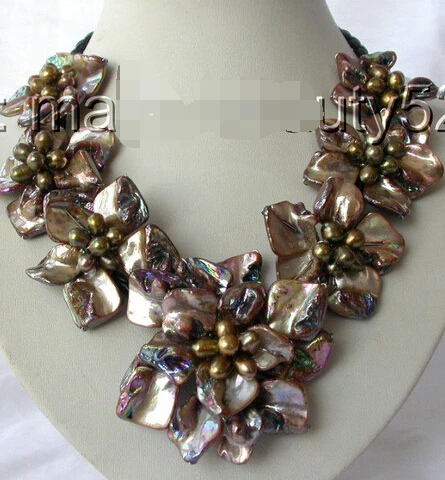 

classic baroque Brown freshwater pearl shell flower leather necklace AAA style Fine Noble real Natural free shipping