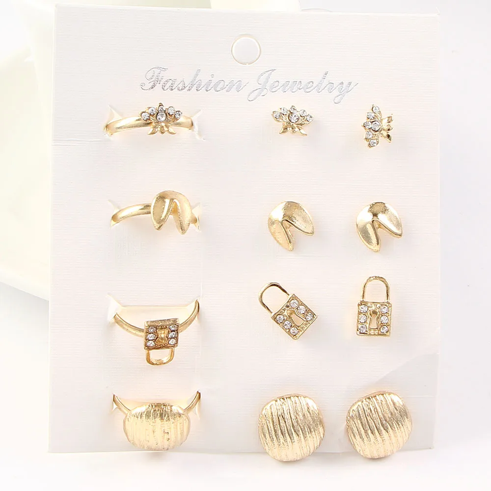 Classic Fashion Women Jewelry Set Rings Set Beads Crystal Personality Stud Earring Finger Ring