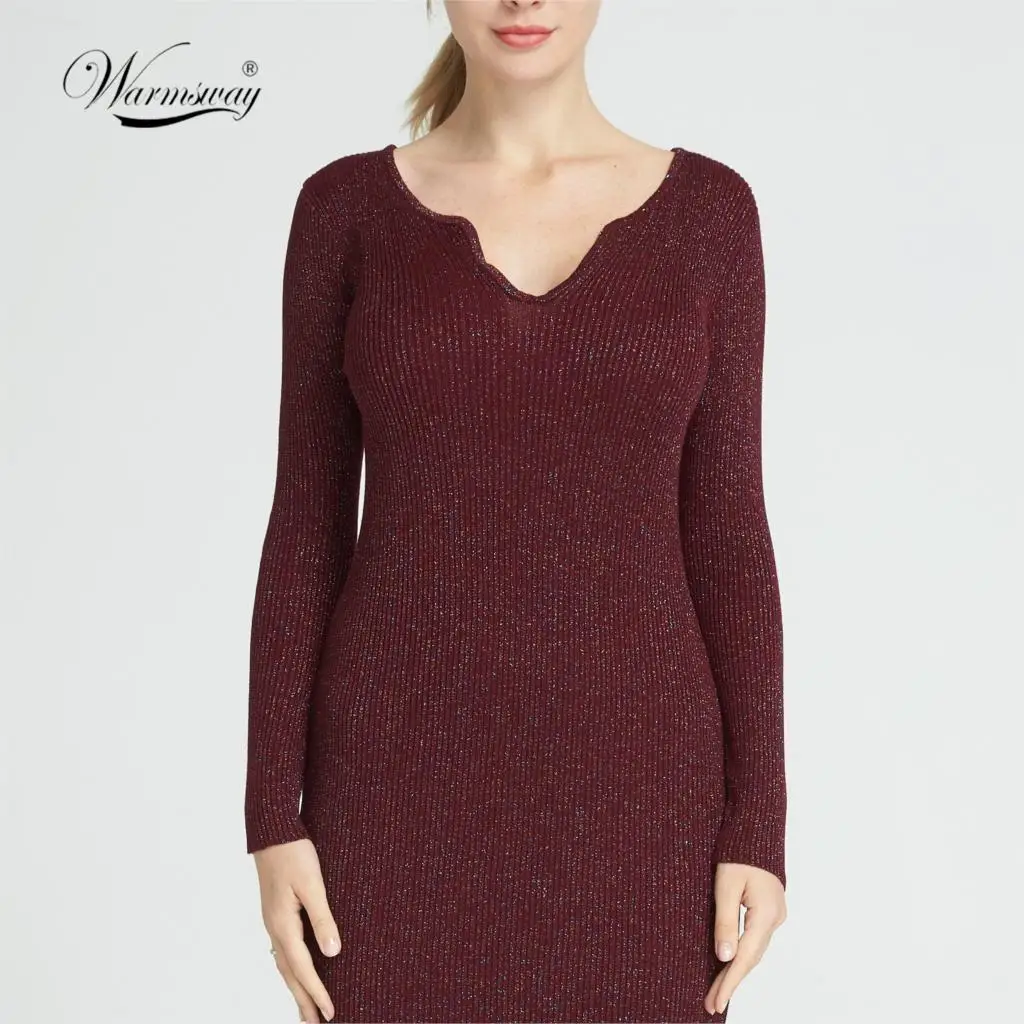 Warmsway High Quality sexy colourful shine Lurex Ribbed knitted dress women new knee-length dresses deep v neck  bodcyon C-154