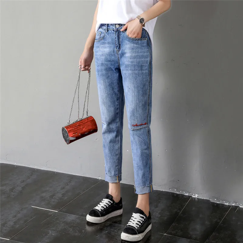 Mom Jeans Light Blue Cargo Pants 2019 New Spring Summer Korean Loose Ankle-length Jeans High Waist Straight Women Jeans JD22