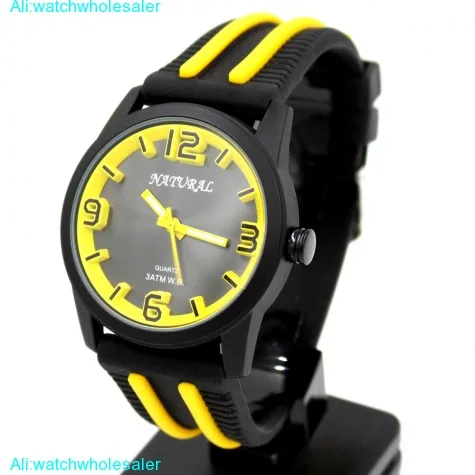 FW848O Black Dial Black Watchcase Silicone Black Band Sport Yellow Fashion Watch